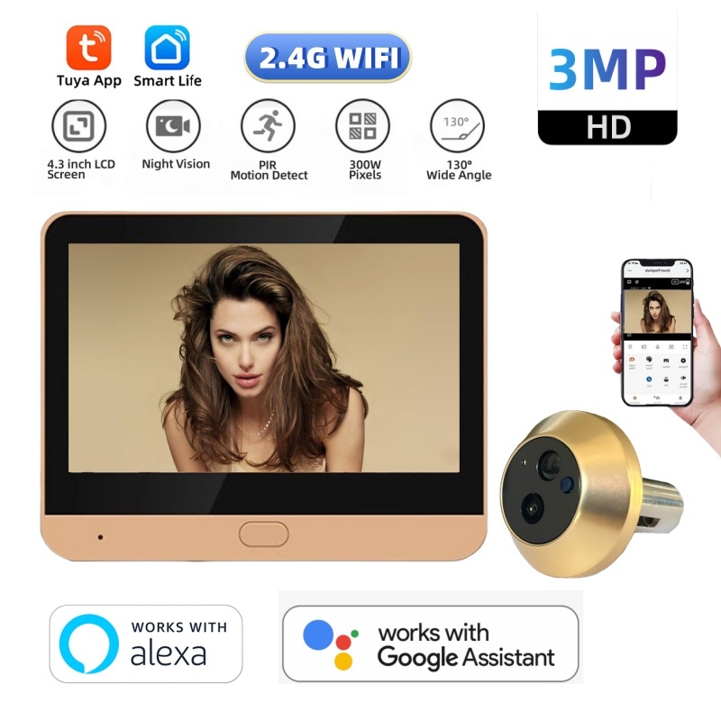 Peephole Camera Viewer - ゴールドカラーセキュリティホームデジタルドアのぞき穴カメラ付き Tuya スマート 1080P 2.4 グラム