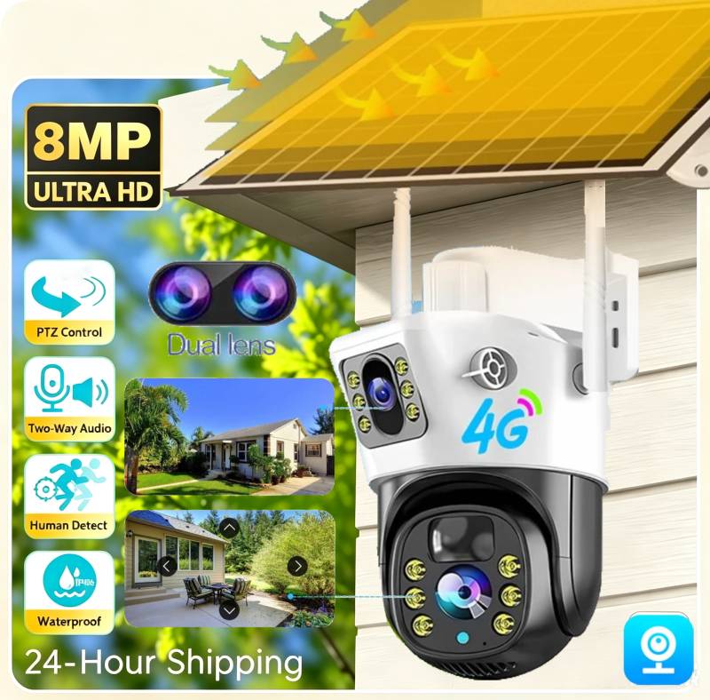 Ip Camera Outdoor 4K - 8MP 4G ソーラーカメラデュアルレンズデュアルスクリーンワイヤレス WiFi 屋外監視カメラ人間検出セキュリティ保護 PTZ