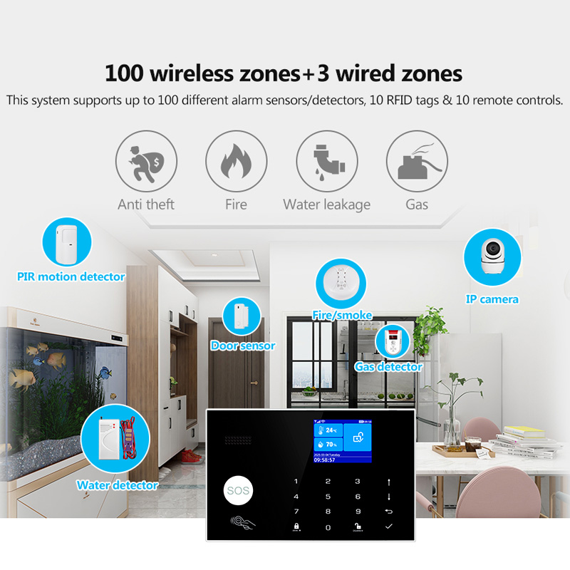 Home Zone Security App - KERUI 4G/WiFi ホーム警報システム 3 有線ゾーン付きワイヤレス警報システム家庭/オフィス/ガレージ盗難セキュリティ保護 G34