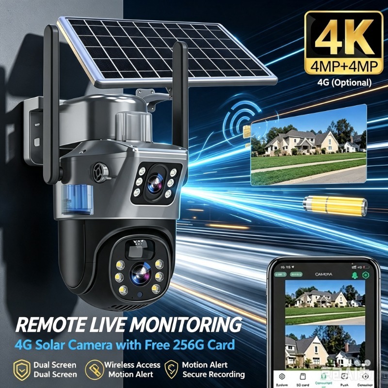 Ip Camera Outdoor 4K - デュアルスクリーンソーラーセキュリティカメラ 4K 8MP、SIMカード対応ワイヤレス屋外IPカメラ、庭の遠隔監視用256GBカード付属