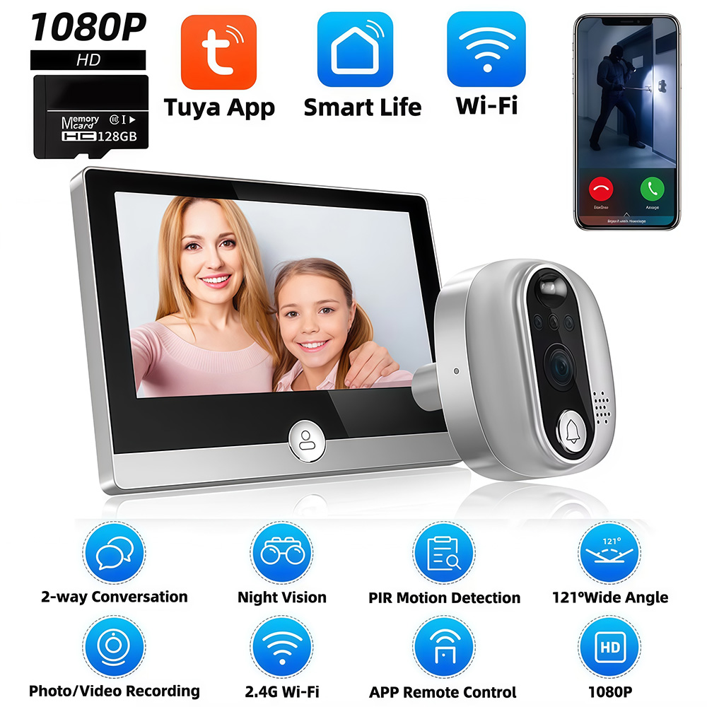 Peephole Camera Viewer - Tuya-デジタルドアビューアー,インターホン,のぞき穴,pirモーション検出器,wifi,ドアベルカメラ,Google alexa,スマートライフビデオ,1080p