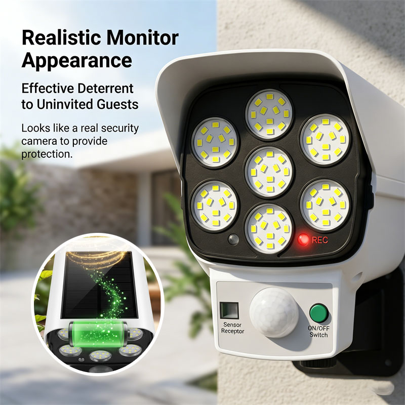 Home Security Flood Lights - ソーラー式ダミーセキュリティカメラ、モーションセンサー付きLED投光器、屋外防水壁掛けランプ、家庭用庭園私道用