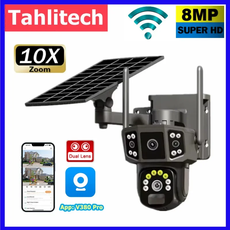 Ip Camera Outdoor 4K - WIFI 4G SIMソーラーカメラV380、10倍ズーム、4Kデュアルレンズ屋外セキュリティカメラワイヤレスPTZ IPカメラソーラー