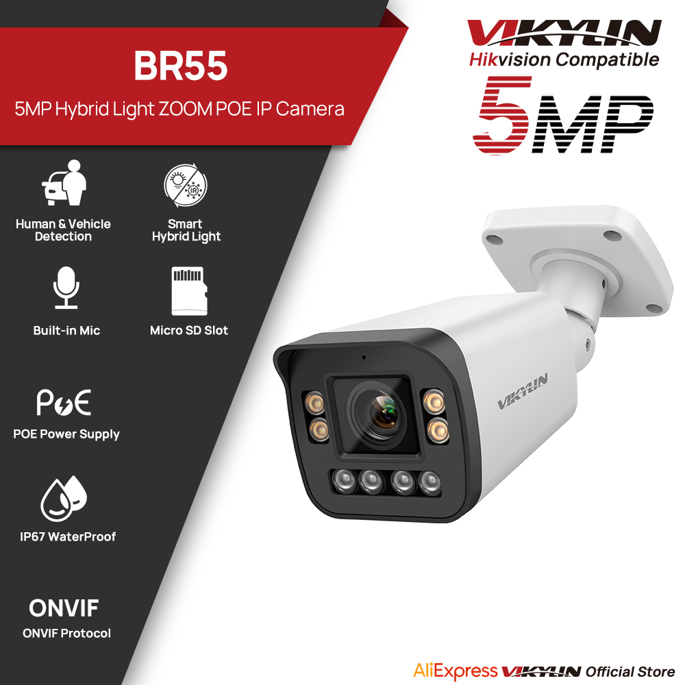 Home Security Hikvision - VIKYLIN 5MP 5倍ズーム バレット型IPセキュリティカメラ SDカードスロット 双方向音声監視IPカメラ
