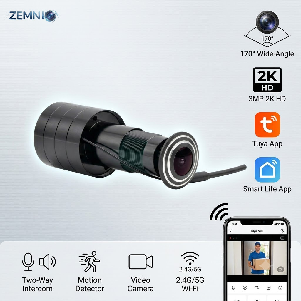 Peephole Camera Viewer - 3MP 2K WiFi ビデオドアビューアーのぞき穴カメラ、170 ° 広角、双方向インターホン、動体検知、Tuya/SmartLife、EU/US/UK/AUプラグ