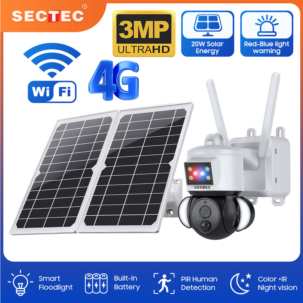 Home Security Flood Lights - Secotec-屋外PTZセキュリティカメラ,20W,ソーラーバッテリー,赤と青のアラーム,wifi, 4g sim