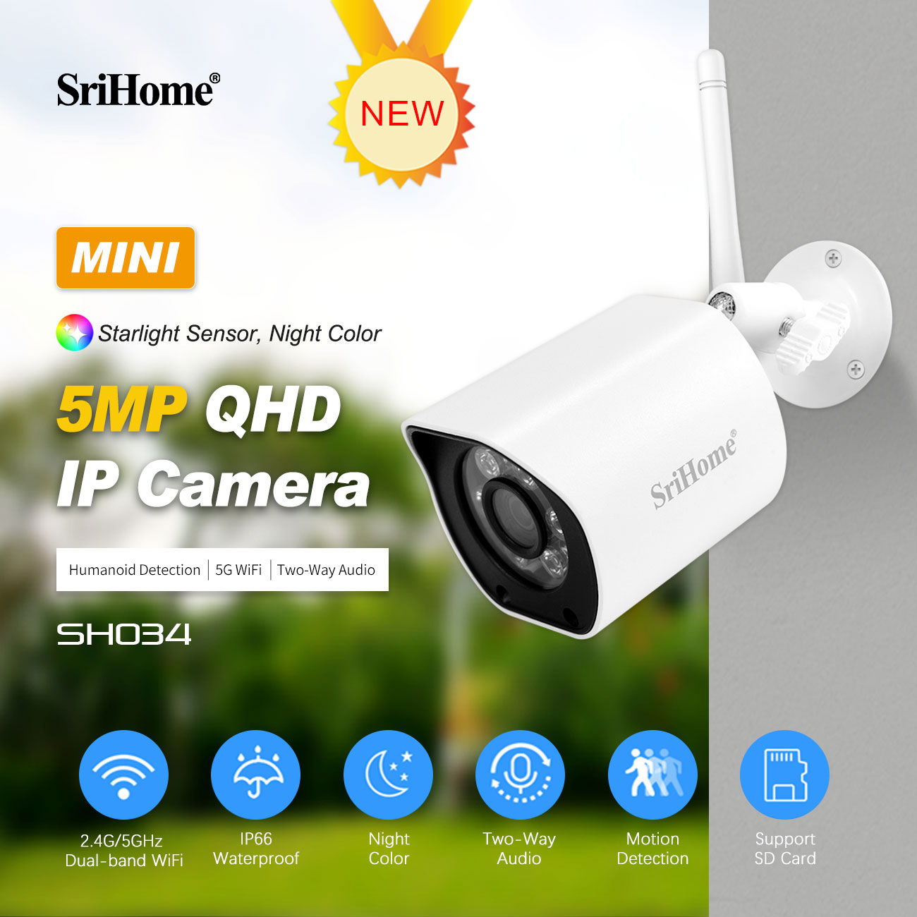 Home Security Ai - Srihome-IP弾丸カメラ,ヒューマノイド検出,CCTVホームセキュリティ,ベビーモニター,フルカラー,5mp,qhd,wifi,2.4g,5g,sh034
