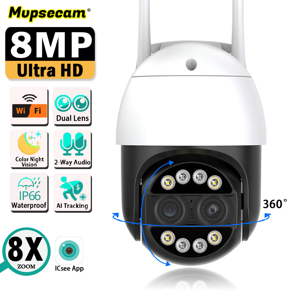 4K HD WIFI監視カメラ デュアルレンズ 8MP 8倍 - Home Security Ai のレビューと価格